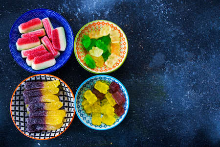 Mixed jelly marmalade, high angle view of taste sweet snack in the bowlの写真素材