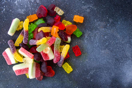 Mixed jelly marmalade, high angle view of taste sweet snack, colorful candyの写真素材