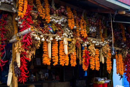 Dry pepper and other paces hanging in the outdoor market in Tbilisi, Georgiaの写真素材