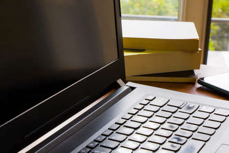 Workspace at home, notebook, mobile device, coffee and plants on the table, laptop desktop