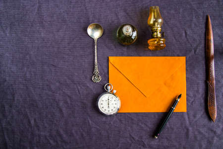 Vintage objects on the table, high angle view