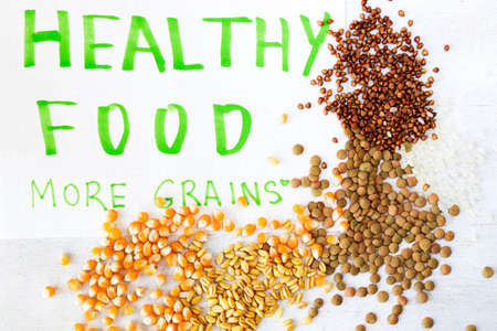 Healthy grains, full of vitamins on the white background and green text