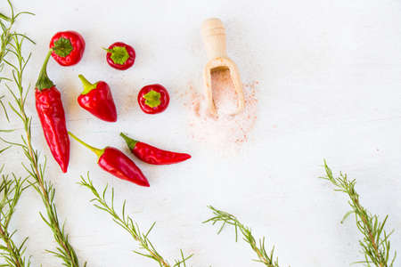 Red chilly pepper and raw rosemary branches on the white background