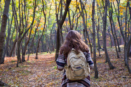 Beautiful woman in autumn and fall forest and wild, autumn tree with yellow and red leaves in Tbilisi, Georgiaの写真素材