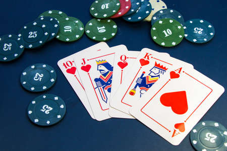 Royal flush cards. Card game, cards on the table. Poker and blackjack, play cards.