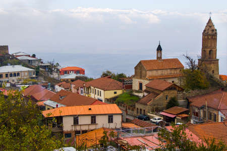 Sighnaghi village landscape and city view in Kakheti, Georgia. Old houses beautiful view during mist and fogのeditorial素材