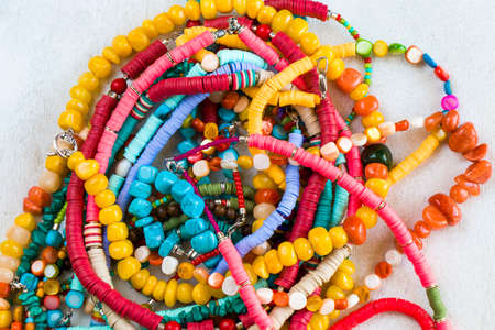 Colorful necklaces and bracelet mix, large group of beads and stone necklace, jewelry background