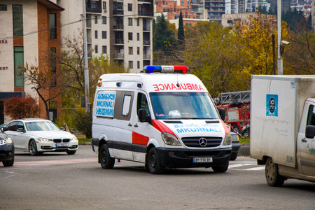 Tbilisi, Georgia - December 01, 2020: Ambulance car in the street of Tbilisi.のeditorial素材