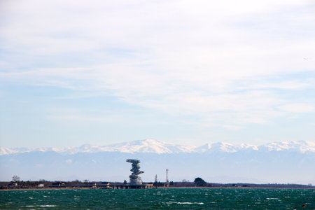 Stormy weather, waves and splashes, Georgia. Stormy Black sea. Water background.の写真素材