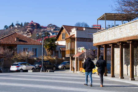 Mtskheta, Georgia - January 23, 2021: Old famous town in Georgia, Mtskheta. Old hauses and church Svetiskhoveli. Travel destination.のeditorial素材