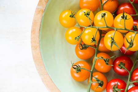 All color and colorful cherry tomatoes, high angle view of food backgroundの写真素材