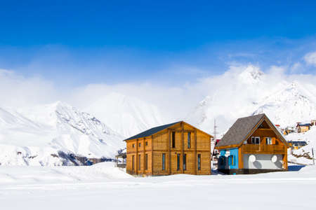 Gudauri, Georgia - February 06, 2021: Ski resort, snowy mountains and hostels.のeditorial素材