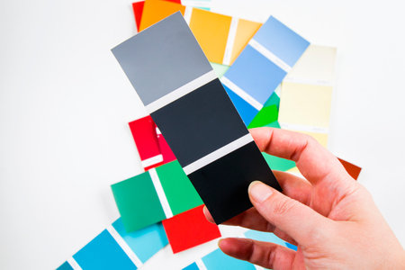 High angle view of color cards on the white background, colorful variation and gradient of colors.の写真素材