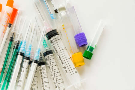 Set of medical empty needles, big and insulin needles on the white background, injection and vaccineの写真素材