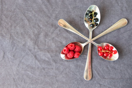 Red and black currant and loganberries on the iron spoon on the gray background. Large group of...