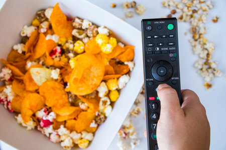 Fried popcorn and chips in bowl on the white background, hand holding TV controller, low angle view