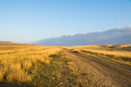Autumn mountain landscape and view during sunset in Davitgareji, Georgiaの写真素材