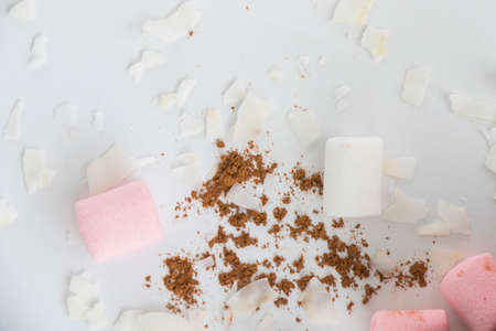 Hot chocolate and coco set on the white background, new year mugs and sweetの写真素材