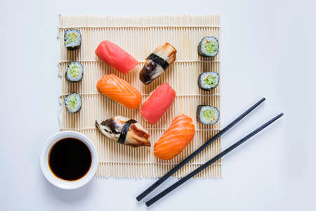 Japanishe food Nigiri sushi set, salmon, tuna and shrimp sushi, high angle viewの写真素材