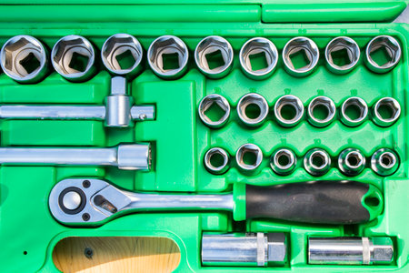 Large group of wrenches, professional kit, different metal wrenchesの写真素材