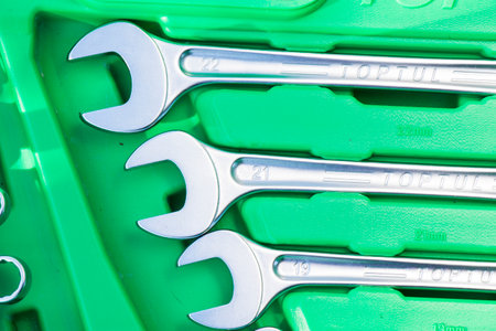 Large group of wrenches, professional kit, different metal wrenchesの写真素材