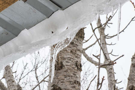 Icicles on the roof, white sky and iced water, winter ice