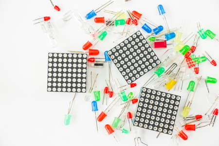 Led light display colorful lamps and electrical parts on the white backgroundの写真素材