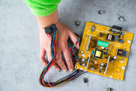 Electronic motherboard, isometric processor microchip, motherboard parts and mobile, digital communication, people and technologies, digital lifeの写真素材