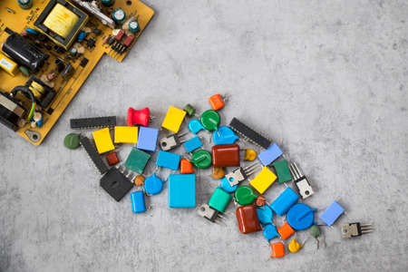 Electronic motherboard and isometric processor, microchip parts, high angle viewの写真素材