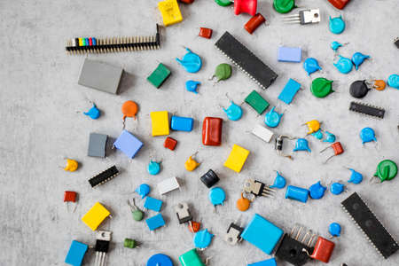 Electronic motherboard and isometric processor, microchip parts, high angle viewの写真素材