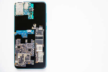 Electronic motherboard, isometric processor microchip of mobile phone, digital communication, people...
