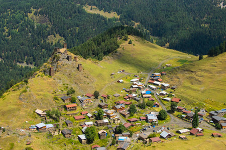 Omalo village in Tusheti, Georgia. Old houses viewの写真素材