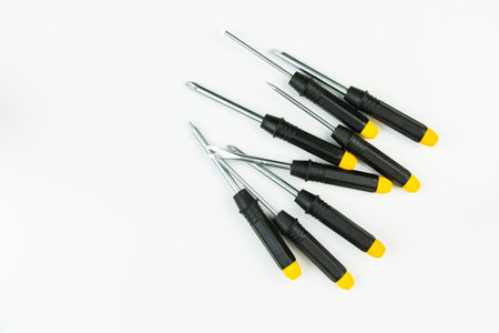 Large group of different screwdrivers on the white backgroundの写真素材