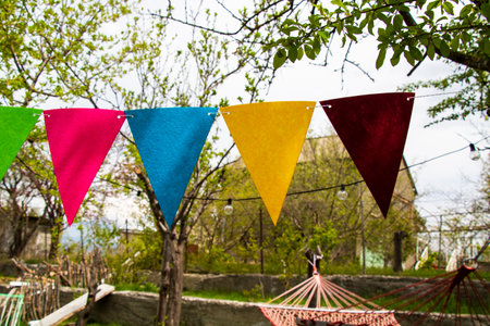 Party flags in yard, colorful flagsの写真素材