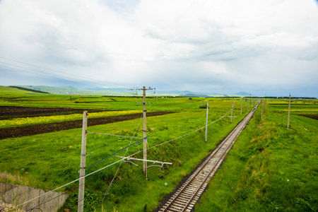 Rails view in Georgia, train road and station in Samtkhejavakheti Georgiaの写真素材