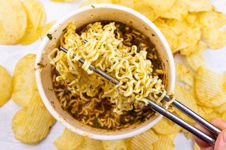 Fast food, raw and cocked chinese noodles with spicesの写真素材