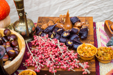 Fruits and nuts on the table for weddingの写真素材