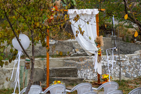 Wedding chairs and decorations in yardの写真素材