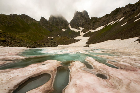 Frozen lake in Samegrelo mountains in Georgia,の写真素材