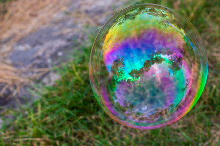Soap bubbles in yard, colorful bubbles