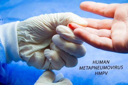 Human Metapneumovirus, HMPV virus testing process, blood test and syringe. Injection in the hand. Patients and doctor. Studio shoot.の写真素材