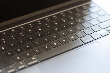 black keyboard, laptop desk close-upの写真素材