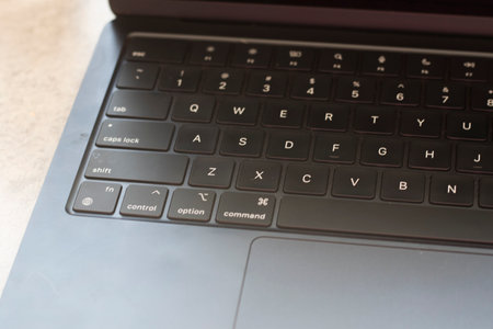 black keyboard, laptop desk close-upの写真素材