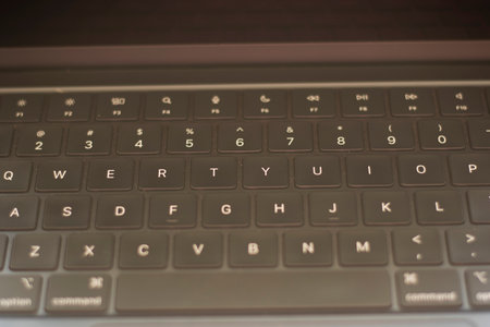 black keyboard, laptop desk close-upの写真素材