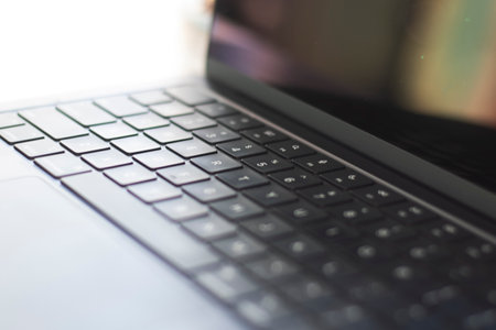 black keyboard, laptop desk close-upの写真素材