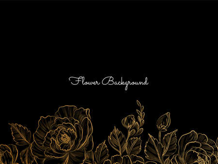Golden hand drawn flower design on black background vectorのイラスト素材
