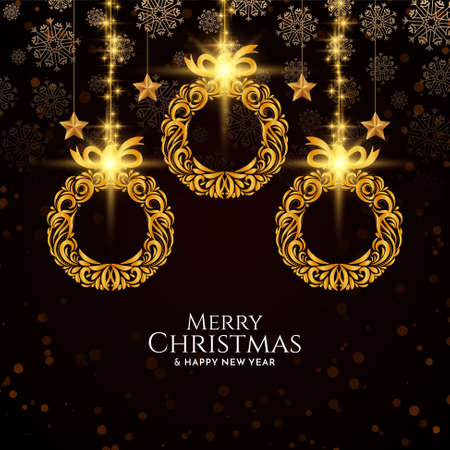 Merry Christmas card with golden floral Christmas balls design vectorのイラスト素材