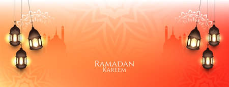 Ramadan Kareem festival celebration banner with lanterns vectorのイラスト素材