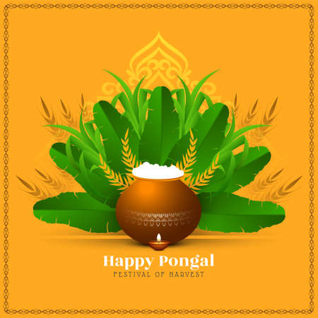 Happy Pongal festival card with banana leaves and sugarcane vectorのイラスト素材