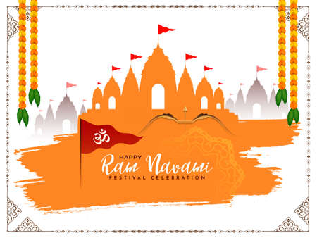 Indian traditional Happy Ram Navami festival card with temple and flag vectorのイラスト素材